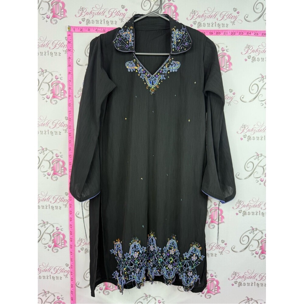 Dress beaded Embroidered Black Women's Long Dress with Blue Accents